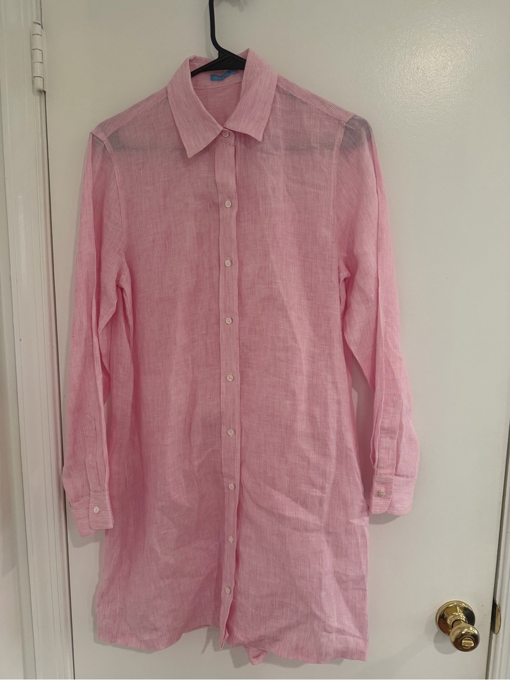 J.McLaughlin Linen Shirt Dress S Pink Stripe Long Sleeve Preppy Resort Wear